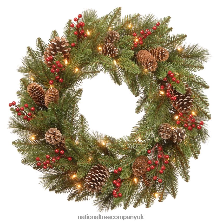 Greenery | National Tree Company Pre-Lit Artificial Christmas Wreath Green Bristle Berry Pine White Lights Decorated with Frosted Branches Pine Cones Berry Clusters Christmas Collection 24 Inc